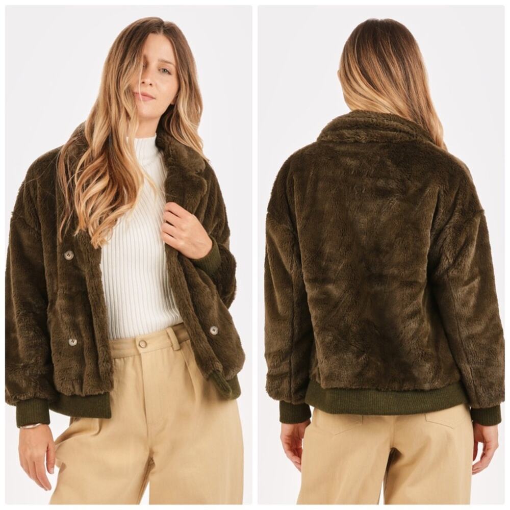 Mo : Vint Women's Green Plush Faux Fur Button Long Sleeve Front Coat Size Medium
